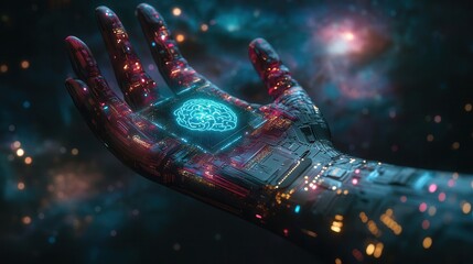 A futuristic robotic hand holds a digital brain in space, symbolizing the fusion of technology and intelligence in a cosmic setting.