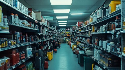 An aisle in a hardware store with shelves stocked with various products.