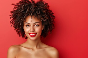 Bright portrait of a smiling woman with curly hair against a bold red background in a studio setting capturing joy and confidence