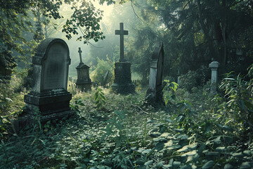 Fantastically mysterious cemetery with tombstones and scary atmosphere