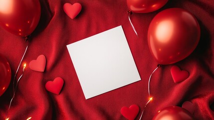 Poster - Beautiful St Valentine's Day mockup featuring a blank white card placed on a red velvet surface, surrounded by heart-shaped balloons, rose petals, and soft fairy lights 