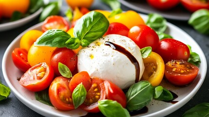 A soft round of burrata cheese with a creamy center, sliced open and served alongside heirloom tomatoes, fresh basil, and a drizzle of balsamic glaze 