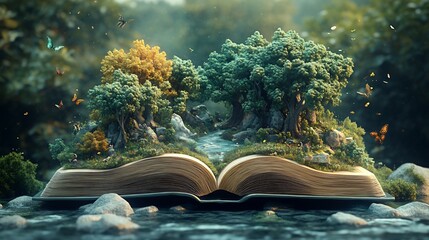 Poster - Charming 3D scene for World Book Day showing an open book with a magical landscape unfolding inside complete with trees and creatures and ample copy space for text to inspire readers