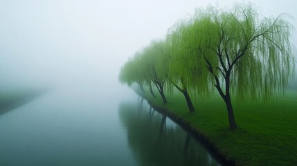 Canvas Print - A foggy riverbank with willows leaning into the misty water, their branches barely visible as the thick fog creates a serene and mysterious atmosphere 