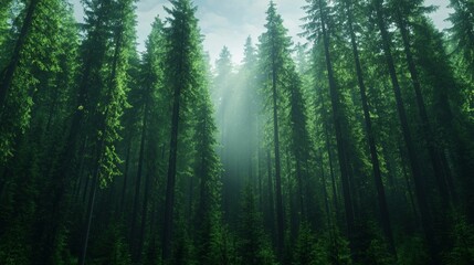 Wall Mural - A dense, misty forest with towering trees covered in rich forest green foliage, sunlight filtering softly through the leaves, creating a serene and peaceful atmosphere 