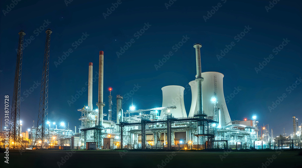 Panoramic night view of an electric power station with bright lights ...
