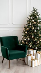 Sticker - A chic Christmas setting featuring a beautifully decorated tree in white and gold, surrounded by elegant wrapped gifts, a plush velvet chair, and twinkling lights for a sophisticated holiday feel 