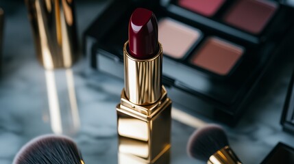 A chic burgundy lipstick on a mirrored surface, with soft lighting reflecting off its sleek gold casing, surrounded by elegant makeup brushes and powder compacts 