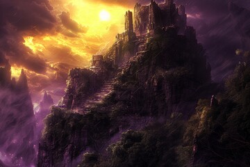 Majestic ancient ruins atop a misty mountain under a vibrant sunset with dramatic clouds and glowing sky