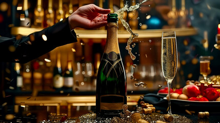 Champagne bottle with foaming splash, surrounded by golden glitter, creates a festive atmosphere. a fluted glass, luxury decor, and fruit accents complete the scene,