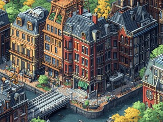 A detailed isometric view of a charming city street with canal, bridge, and colorful buildings.