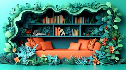 Poster - Charming flat world book day illustration in paper cut style depicting a cozy reading nook surrounded by books and plants designed with copy space to convey a message about literacy