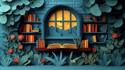 Poster - Charming flat world book day illustration in paper cut style depicting a cozy reading nook surrounded by books and plants designed with copy space to convey a message about literacy