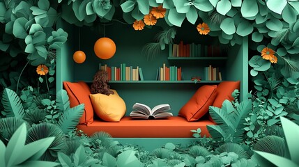 Poster - Charming flat world book day illustration in paper cut style depicting a cozy reading nook surrounded by books and plants designed with copy space to convey a message about literacy