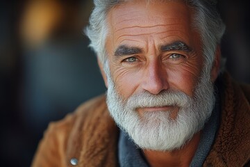 Canvas Print - Man with a beard and glasses is smiling. He is wearing a brown jacket and a gray scarf