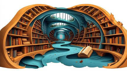 Poster - Charming paper cut style illustration of a library with open books creating pathways among the shelves symbolizing the joy of learning and discovery on World Book Day
