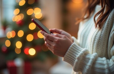 Smartphone in hands of girl in white knitted sweater. Close-up. New Year and Christmas atmosphere