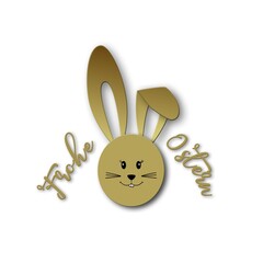 Poster - Happy Eastern (in german Frohe Ostern) lettering with bunny face and ears decoration on white background - 3D Illustration