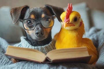 Adorable dog with glasses and a chicken reading a book together on a cozy blanket, showcasing an unlikely yet charming friendship.