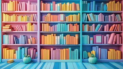 Poster - Charming paper cut style illustration of a vibrant library filled with colorful books on shelves inviting exploration and learning capturing the spirit of World Book Day with playful details
