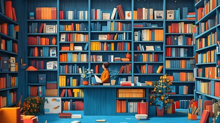Poster - Charming paper cut style illustration of a vibrant library filled with colorful books on shelves inviting exploration and learning capturing the spirit of World Book Day with playful details