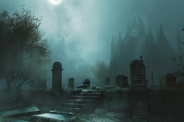 Fantastically mysterious cemetery with tombstones and scary atmosphere