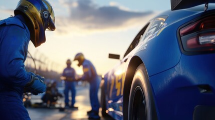 Focused pit crew members prepare for their next move as they surround a blue race car, the sun setting over the intense Nascar track.