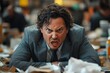 © Nataliia_Trushchenko - Man in a suit, glasses is screaming in front of pile of papers. man is overwhelmed by amount of work he has to do. frustrated businessman in a suit, expressing anger amidst chaotic office environment.