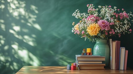 Poster - Charming wooden table adorned with a vase of colorful flowers a stack of books and playful toys all set against a green chalkboard backdrop creating a warm Teacher's Day atmosphere