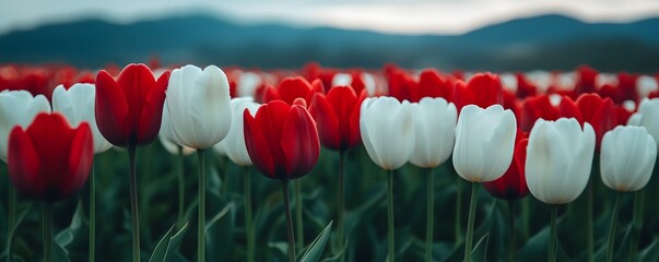 A vivid arrangement of red and white tulips in a field, emphasizing their natural beauty