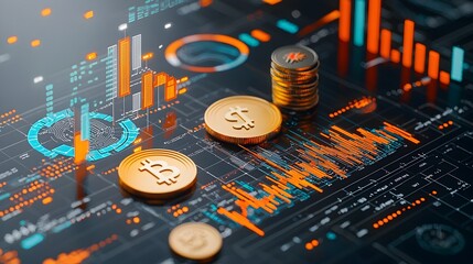 Poster - A captivating visual representation of financial growth and success featuring floating golden coins and data driven graphs on a sleek black background symbolizing the concepts of profit wealth