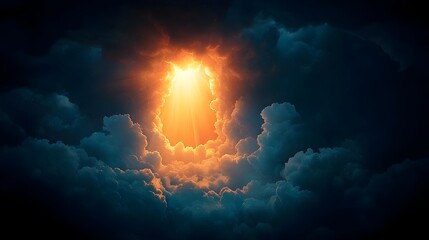 Aufkleber - A single ray of sunlight dramatically pierces through the dark ominous clouds creating a powerful contrast and symbolizing a glimmer of the potential for transformation amid the shadows