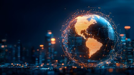 Fototapete - Abstract globe made of interconnected lines and shapes representing the global connectivity digital networks and technology that drive modern business and commerce