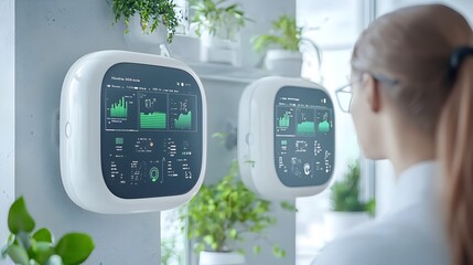 Aufkleber - Advanced air sensors monitoring and analyzing CO2 and particulate matter levels in a modern office workspace to ensure a healthy and efficient indoor environment