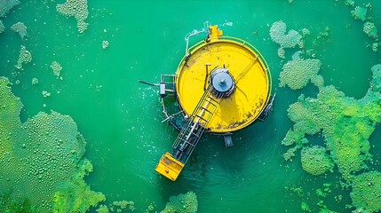 Poster - aerators circulating oxygen in large wastewater treatment ponds for efficient purification and susta