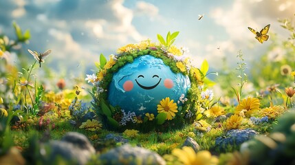 Poster - Cheerful cartoonish globe with a smiley face at the center of a vibrant Earth Day scene surrounded by nature and wildlife celebrating the joy of environmental protection and sustainability