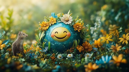 Fototapete - Cheerful cartoonish globe with a smiley face at the center of a vibrant Earth Day scene surrounded by nature and wildlife celebrating the joy of environmental protection and sustainability