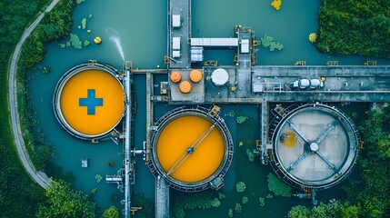 Poster - aerial perspective showcasing the intricate infrastructure of a wastewater treatment plant featuring