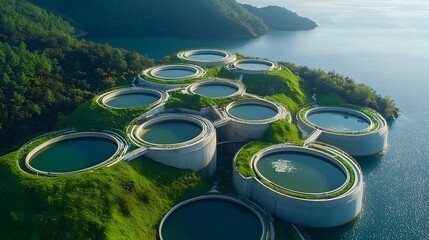 Poster - Aerial view of a wastewater treatment plant featuring circular sedimentation tanks