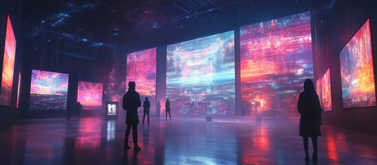 Wall Mural - Silhouettes of people standing in a futuristic art gallery with large screens displaying abstract digital art.