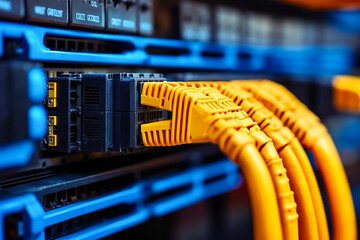 A bunch of yellow ethernet cables connected to a server in a server room