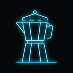 Poster - Glowing neon line italian coffee maker icon isolated on black background. Vector illustration