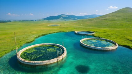 Poster - Biological water treatment ponds surrounded by lush green algae growth thriving under the warm sunlit skies  This natural