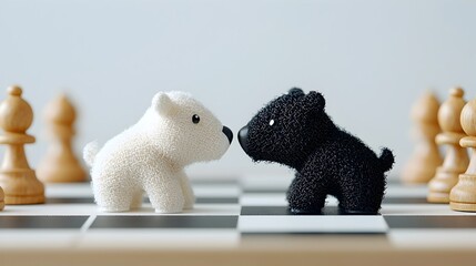 Poster - Bull and Bear Figurines Placed on a Chess Board Representing the Strategies and Dynamics of the Market  This Image Symbolizes the Competitive Nature of Trading Investment Decision making
