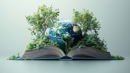 Poster - Clean and modern 3D rendering for World Book Day showcasing an open book with a vibrant globe and delicate tree branches all on a smooth light gray background symbolizing growth and knowledge