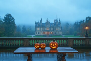 In a foggy Halloween night, Jack-o-Lanterns illuminate a haunted house