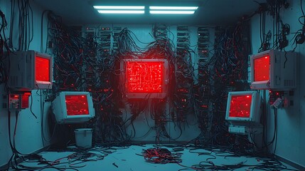 Poster - Chaotic and disorganized server room with unplugged cables flashing red warning lights and technological malfunction or breakdown