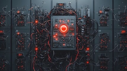 Poster - Chaotic scene in a server room with unplugged cables and flashing red warning lights indicating a technological problem or system failure