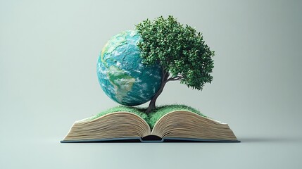 Poster - Clean and modern 3D rendering for World Book Day showcasing an open book with a vibrant globe and delicate tree branches all on a smooth light gray background symbolizing growth and knowledge