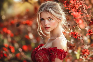 A woman in a red dress standing in front of red flowers